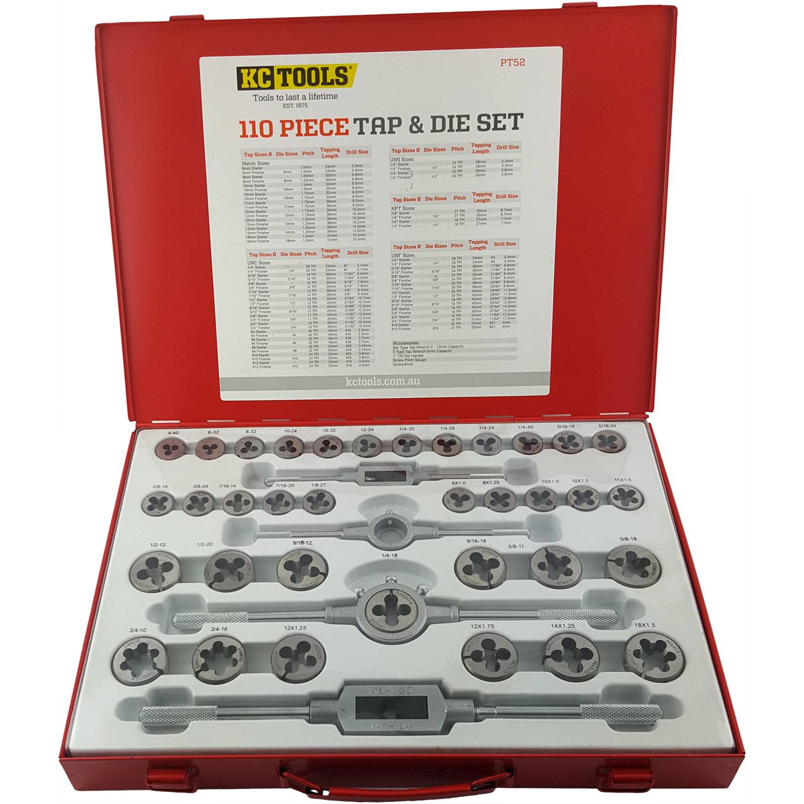 KC Tools 110pc Tap & Die Set Tap Die UNC Metric Tapping Steel Case Set