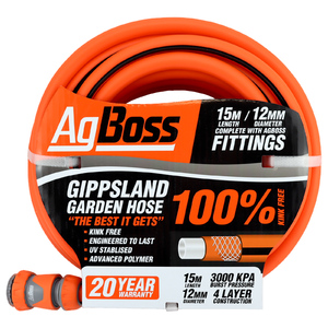 AgBoss 12mm x 15m Gippsland Non Kink Garden Hose with Fittings