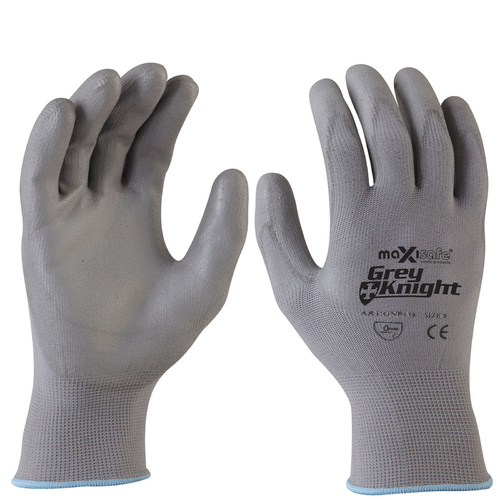 Maxisafe 'Grey Knight' Nylon Gloves, Grey PU Coated