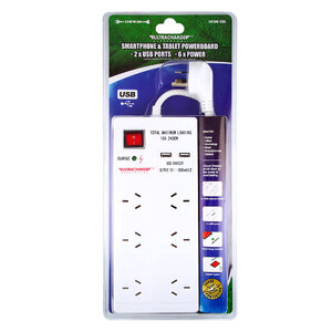 Ultracharge 6 Way Surge Protected Board with 2x USB - White